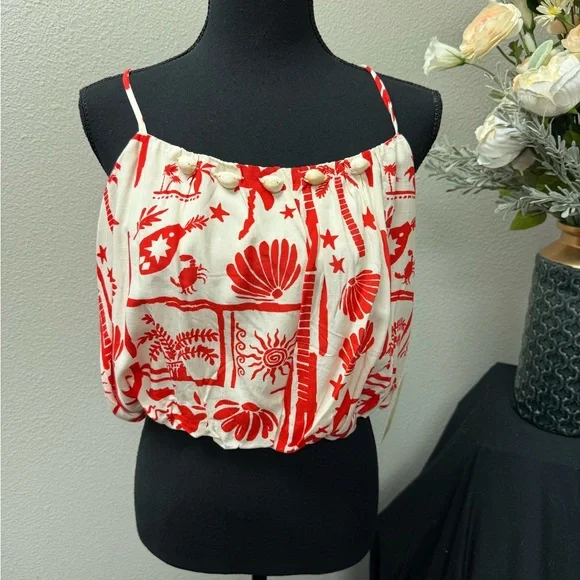 NWT Peach Red Cream Shell Print Crop Tank Top Button Detail Resort Summer M - Picture 1 of 8